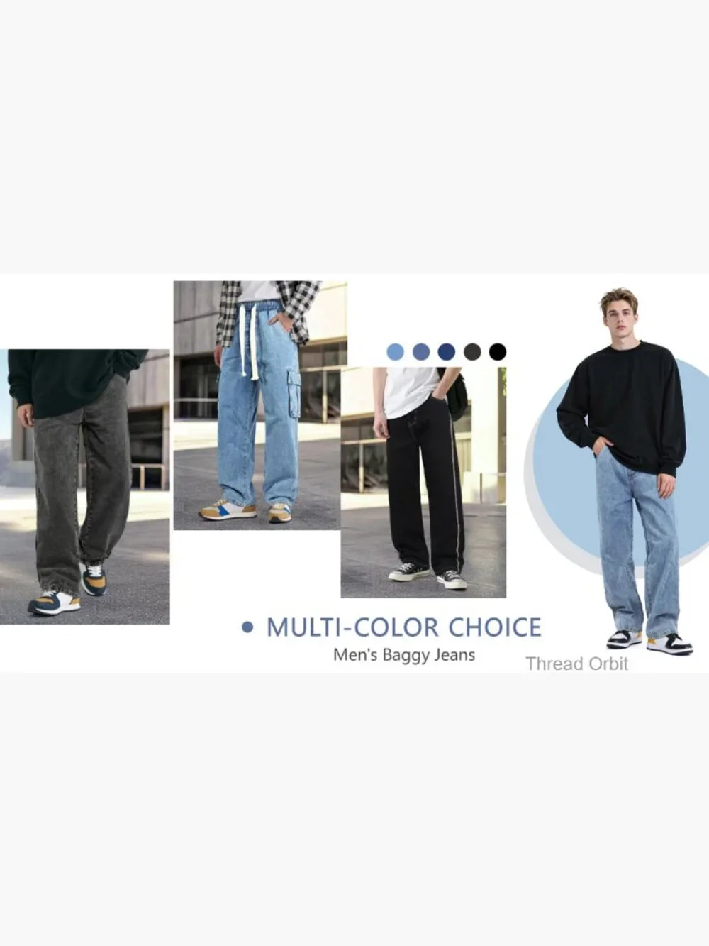 Baggy Elastic Waisted Denim Jeans for Men Drawstring Streetwear